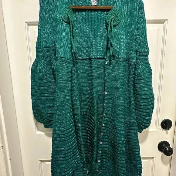 Pepa Pombo Hand Knit Sweater Boho Couture Emerald Green Coat size Large - Picture 3 of 9